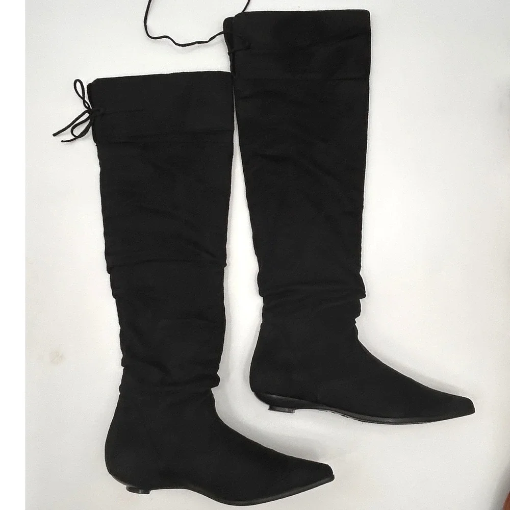 Fioni Black Faux Suede Over The Knee Slouchy Pointed Toe Flat Boots Size 10